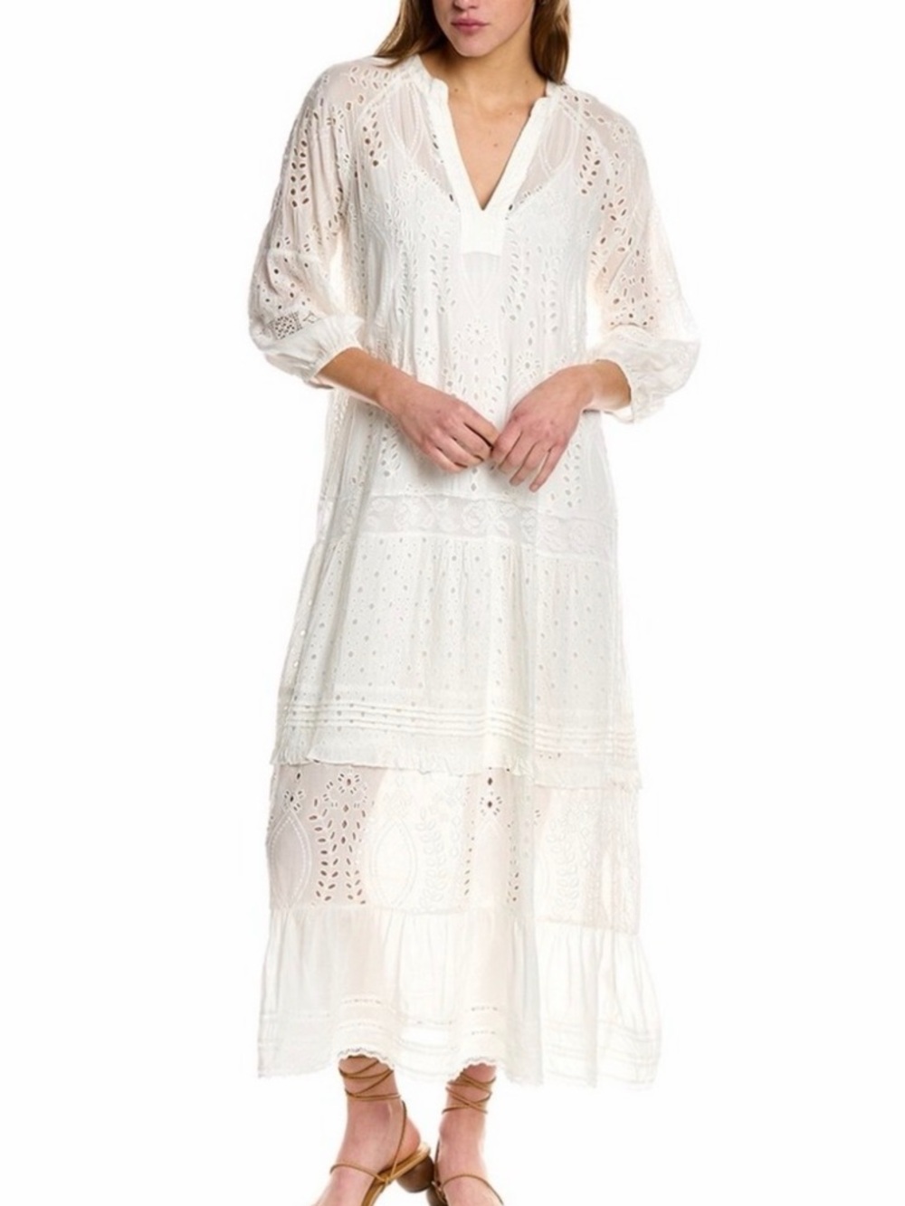 Johnny Was "Jade" White lg Sleeve Rayon Maxi Dress w white fitted slip-flawless